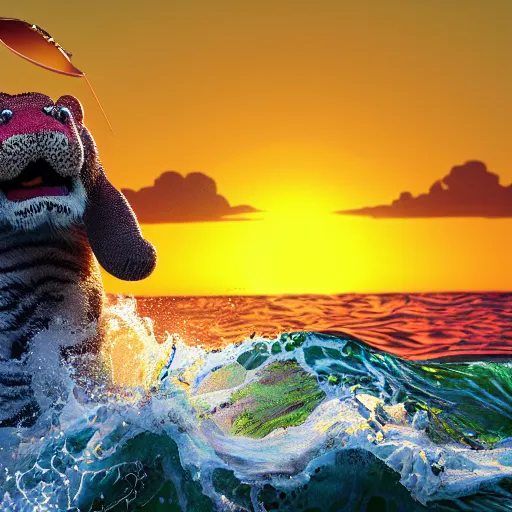 Image similar to a closeup photorealistic photograph of a cute smiling knitted tiger hippopotamus riding a wave at sunset. surf in background. professional capture. brightly lit scene. this 4 k hd image is trending on artstation, featured on behance, well - rendered, extra crisp, features intricate detail, epic composition and the style of unreal engine.