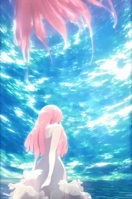 Image similar to 3D CG anime Land of the Lustrous Houseki no Kuni character Ventricosus translucent very light pink jelly woman with thick chest size and pink transparent bouffont dress frills hair in a bun standing at the bottom of the ocean near the surface, sun rays shine through the water, facing the camera, beautiful composition, 3D render, cel shaded, 8k, key visual, made by Haruko Ichikawa, Makoto Shinkai, studio Ghibli, Kyoto Animation