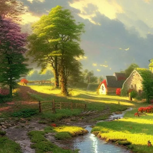 Prompt: beautiful stunning rural country farmland, bustling creek, thomas kinkade 8 k