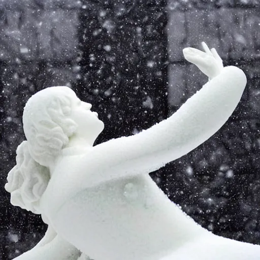 Image similar to black and white photo of snow falling on white cracked marble statue, in the background is a snowy concrete brutalist building, the statue is wearing a haute couture winter jacket by moncler genius, the statue is made of white marble, everything is white marble, sharp focus, depth of field, clear focus, beautiful, denoise, clean, japanese fashion