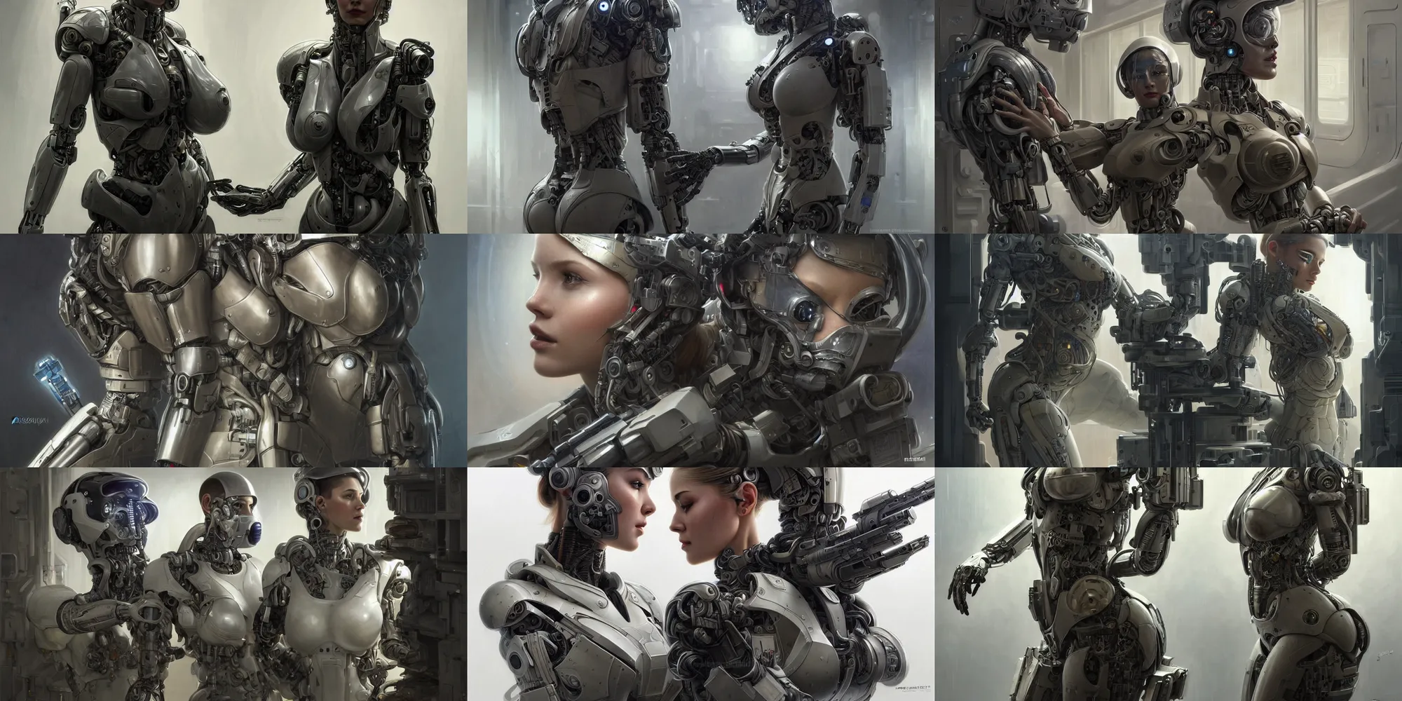 Prompt: Ultra realistic illustration, beautiful alluring damaged top secret special operations soldier NASA cyborg being put back together in an super advanced military medical bay, gorgeous face, cyberpunk, sci-fi, fantasy, intricate, elegant, highly detailed, digital painting, artstation, concept art, smooth, sharp focus, illustration, art by artgerm and greg rutkowski and alphonse mucha