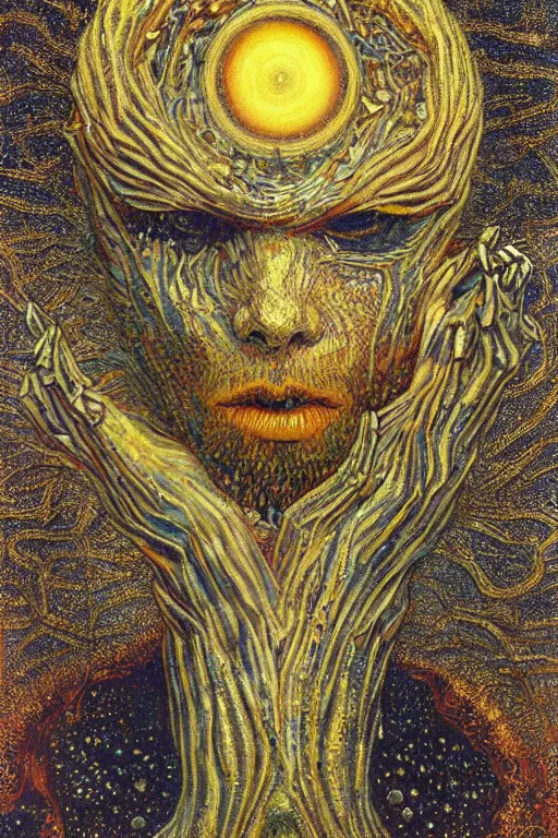 Image similar to The Ergot Spore by Karol Bak, Jean Deville, Gustav Klimt, and Vincent Van Gogh, otherworldly, fractal structures, arcane, prophecy, ornate gilded medieval icon, third eye, spirals