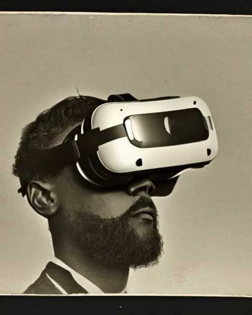 Prompt: 1 8 0 0 s photo of a person wearing a vr virtual reality headset