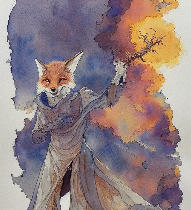 Image similar to a 3 / 4 view watercolor ink painting of a humanoid fox sorcerer / wizard casting a spell in the style of jean giraud in the style of moebius trending on artstation deviantart pinterest detailed realistic hd 8 k high resolution