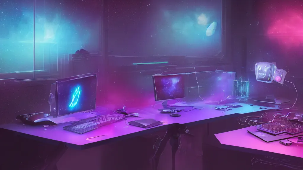 Image similar to a galactic overpowered computer. (cyan, pink, purple, orange) Overclocking, watercooling, custom computer, nebula, mat black metal, alienware, cosmic design, desktop computer, nebula, galactic, space, minimalist desk, minimalist home office, whole room, minimalist, Beautiful dramatic dark moody tones and lighting, orange neon, Ultra realistic details, cinematic atmosphere, studio lighting, shadows, starts lighting, starts, dark background, dimmed lights, industrial architecture, Octane render, realistic 3D, photorealistic rendering, 8K, 4K, Cyborg R.A.T 7, Republic of Gamer, computer setup, highly detailed