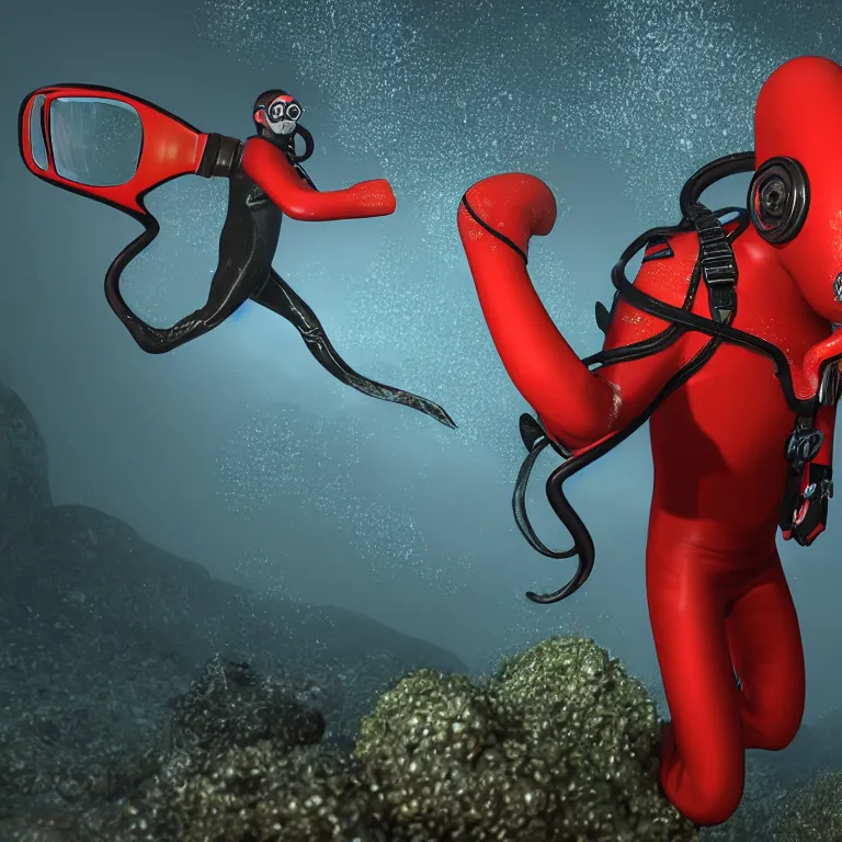 Prompt: octane render portrait by wayne barlow and carlo crivelli and glenn fabry, subject is a diver in a wet suit with goggles with giant long red tentacles coming out of their mouth, cinema 4 d, ray traced lighting, very short depth of field, bokeh