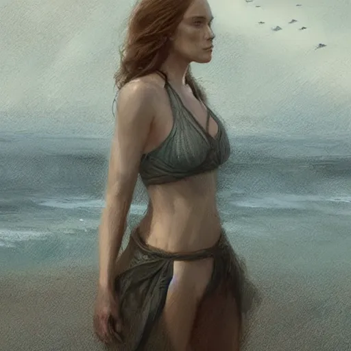 Image similar to A beautiful woman walking on the beach towards the viewer, high detail, 8K illustration, dynamic lighting, concept art, beautiful facial features, long hair, blue eyes sunny, art by Leesha Hannigan and Greg Rutkowski,