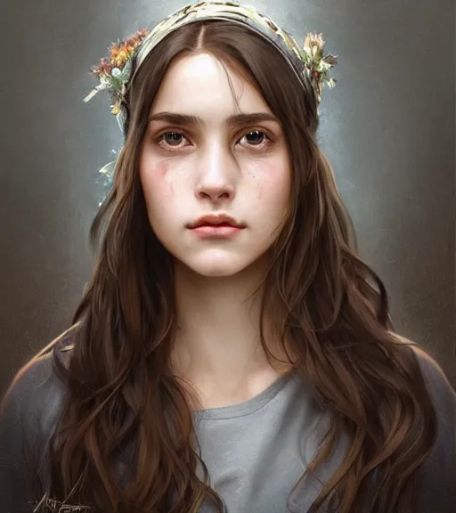 Image similar to ultra realistic illustration, portrait of 1 5 - year old girl with thick brown hair, large front teeth, and bright piercing brown eyes, intricate, elegant, highly detailed, digital painting, artstation, concept art, smooth, sharp focus, illustration, art by artgerm and greg rutkowski and alphonse mucha