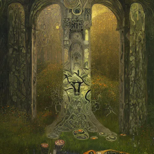 Prompt: ancient overgrown! ruins, medieval gates, runestones, mysetrious etherial mesmerizing runic!!, eyes, magical elven geometry, concept art by gustav klimt!, deviantart contest winner, environmental art, high detail, resembling the ace of swords tarot card by greg rutkowski