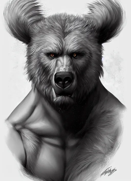Prompt: award winning beautiful portrait commission art of a muscular shirtless male furry anthro grizzly bear fursona with a cute beautiful attractive detailed furry face wearing workout clothes at the gym. Character design by charlie bowater, ross tran, artgerm, and makoto shinkai, detailed, inked, western comic book art