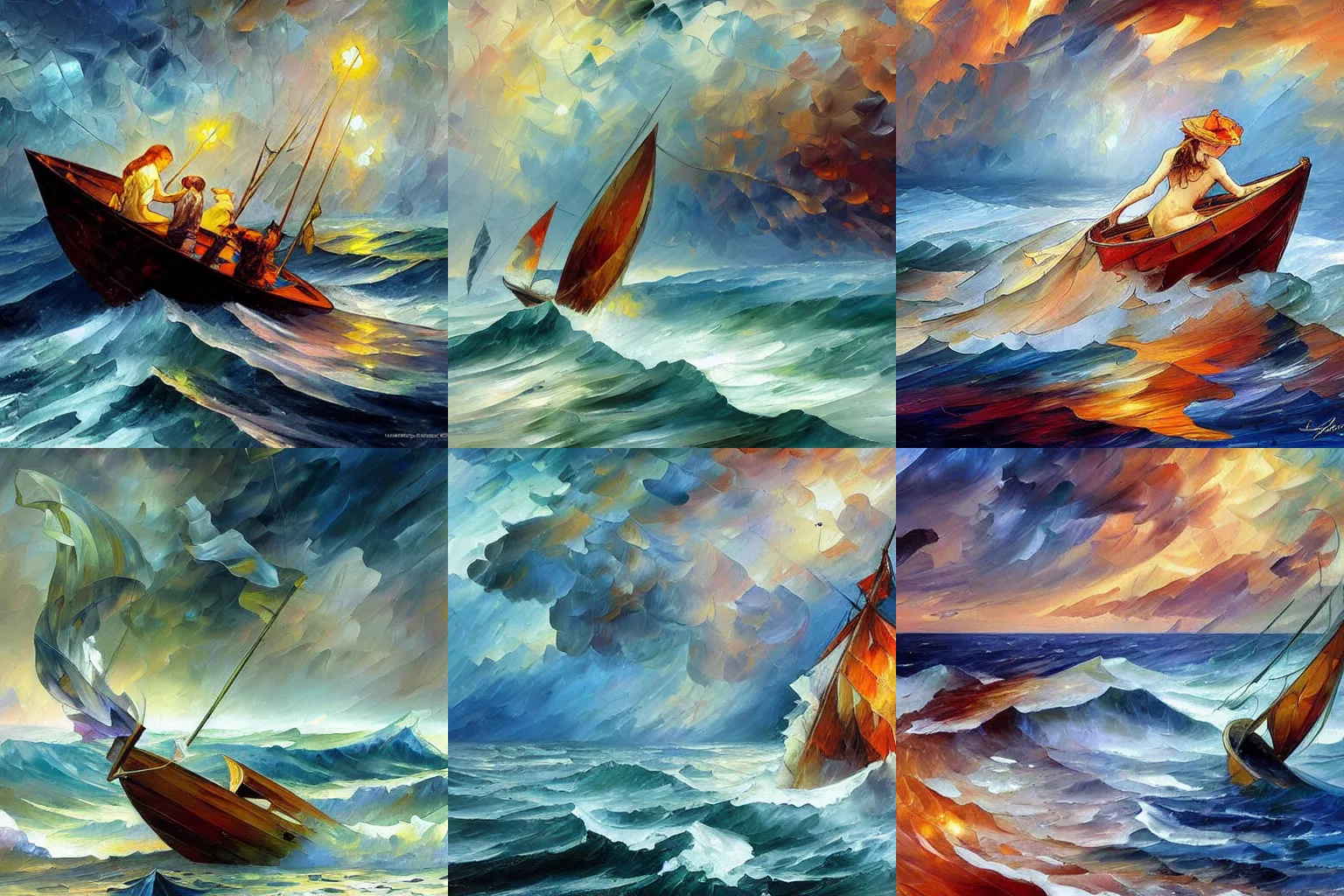 Prompt: a boat lost in storm on the sea, by leonid afremov and tony sandoval and alphonse mucha.