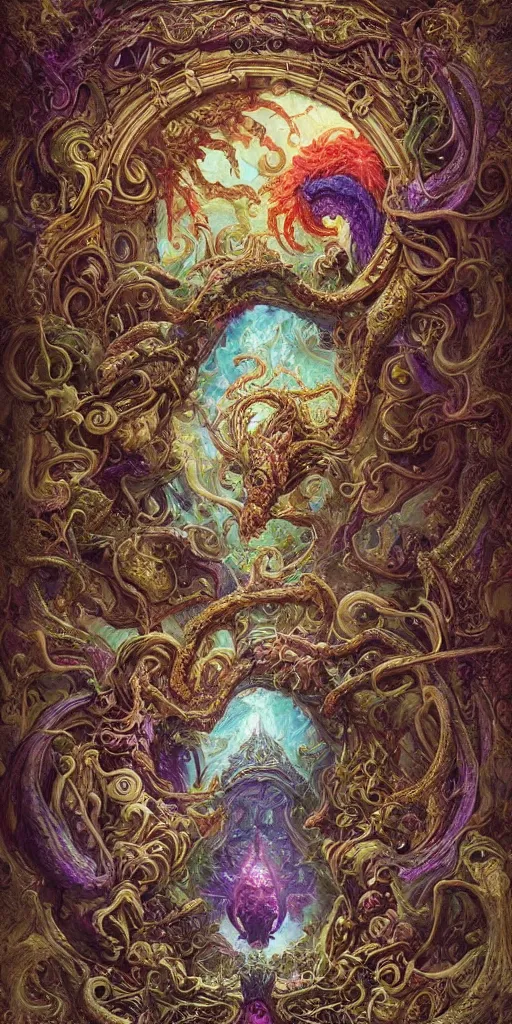 Image similar to enormous colorful psyhedelic Ouroboros floating around inside an ancient mage castle hall colossal scale, gothic and baroque, brutalist architecture, ultradetailed, intricate details by Ellen Jewett and Ayami Kojima