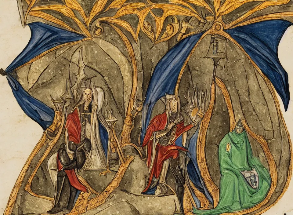 Image similar to a illuminated manuscript drawing of sauron sitting on a throne with the nazgul kneeling in front of him