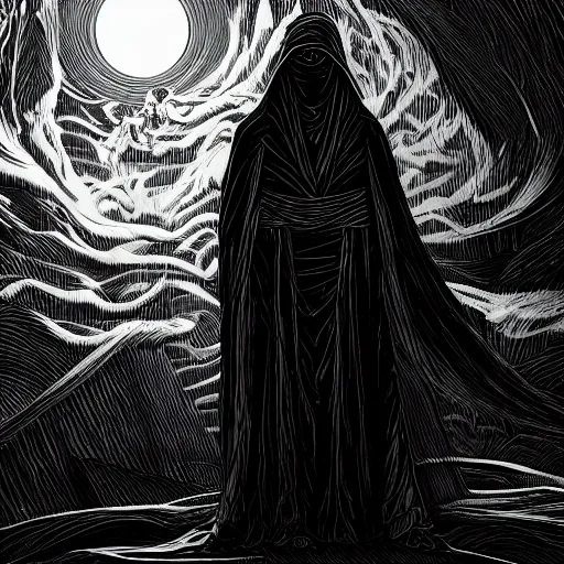 Image similar to a dark figure in a flowing robe haunts the end of time, featured, detailed, 4k, intricate lines