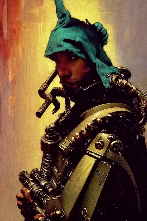 Image similar to full character portrait max mad cyberpunk warhammer 4 0 k, tech priest medic not the girl with the pearl earring character design, painting by gaston bussiere, katsuya terada, wyeth, greg rutkowski, craig mullins, ( ( ( ( ( vermeer ) ) ) ) ), frank frazetta, mucha, tom of finland, trending on artstation