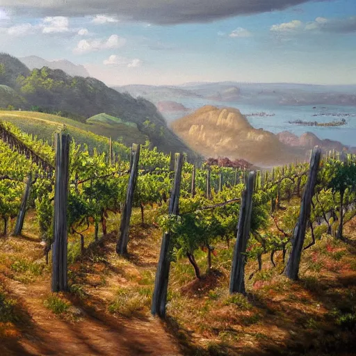 Image similar to highly detailed painting of a cliff side, at the bottom is a vineyard, thick brush strokes, visible paint layers.