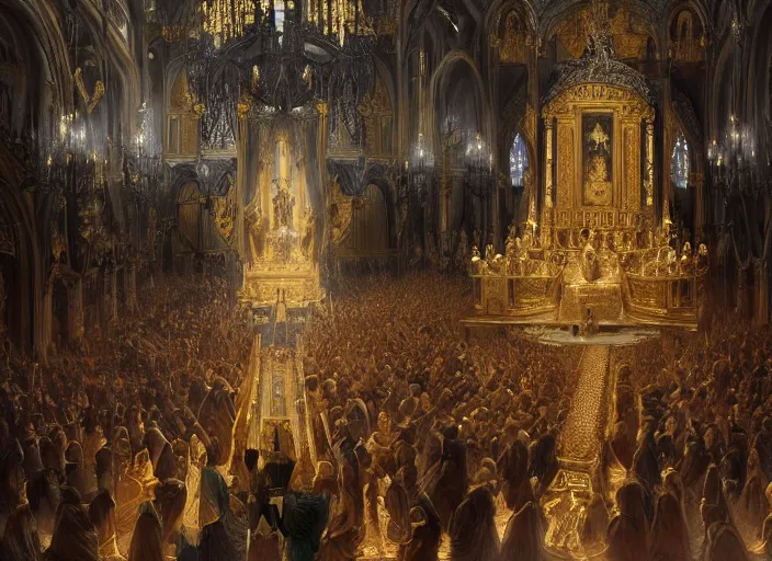 Prompt: worship of the pope, royal robe, gold trim, people in black, light effect, hyper detailed, intricate, atmospheric, elegant, photorealistic by michael komarck, greg rutkowski, victo ngai, artgerm, willem claesz heda and j. dickenson