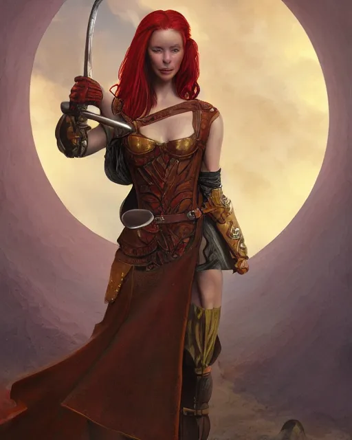 Prompt: portrait of a beautiful young women with red hair and freckles, slight smile, renaissance colorful dress, leather armor, music instrument in hand, backlit, digital painting by Michael Whelan and and boris vallejo, dnd illustration, trending on Artstation, sfw