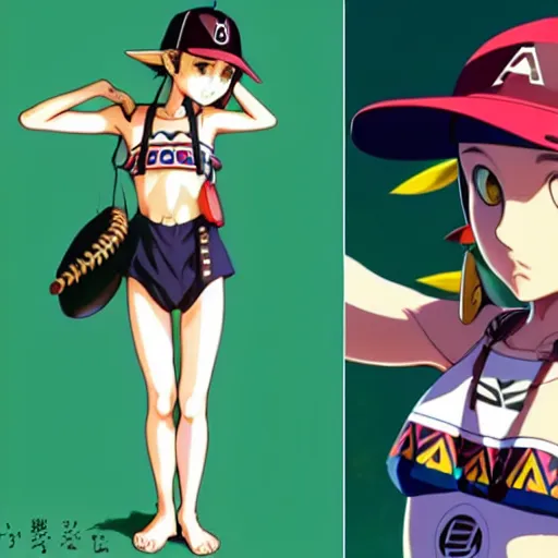 Image similar to beautiful boyish natalie portman gravure model in majora's mask, wearing wooden mask and baseball cap and leotard, street wear with subtle mayan patterns, aztec bathing suit, gapmoe yandere grimdark, trending on pixiv fanbox, painted by greg rutkowski makoto shinkai takashi takeuchi studio ghibli, akihiko yoshida