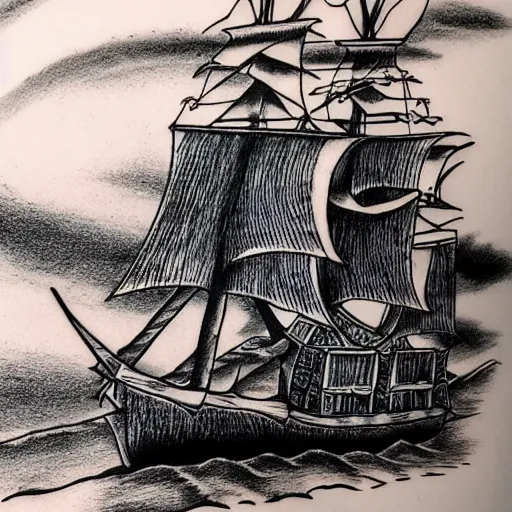 Image similar to pirate ship on a deserted island, realism tattoo drawing