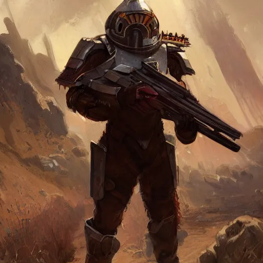 Prompt: handsome, brown - bearded far - future resistance fighter wearing partial byzantine power armor and shemagh carrying slender laser rifle with bayonet by greg rutkowski, deak ferrand, anato finnstark, and rembrandt