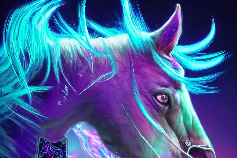 Image similar to a stunning horse with bioluminescent mane and tail by sandra chevrier and greg rutkowski, neon hooves, purple blue color scheme, vaporware, retro, outrun, high key lighting, volumetric light, digital art, highly detailed, fine detail, intricate, ornate, complex, octane render, unreal engine, photorealistic