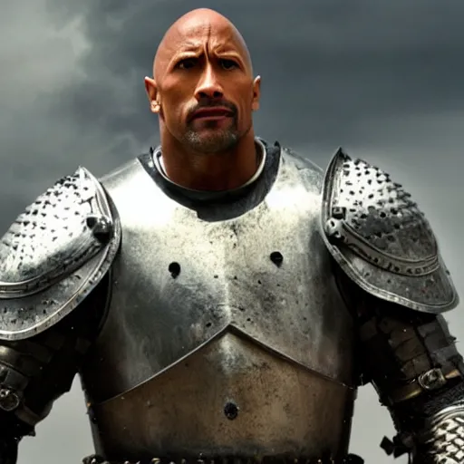 Image similar to Dwayne Johnson as a knight fully in armor 4k quality