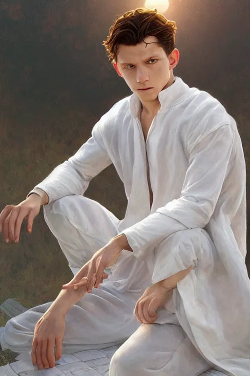 Image similar to tom holland godly white clothes meditating in the sun, blank lighting ultra realistic photorealistic highly detailed high quality, a stunningly, digital painting, artstation, concept art, smooth, sharp focus, illustration, art by artgerm and greg rutkowski and alphonse mucha 8 k