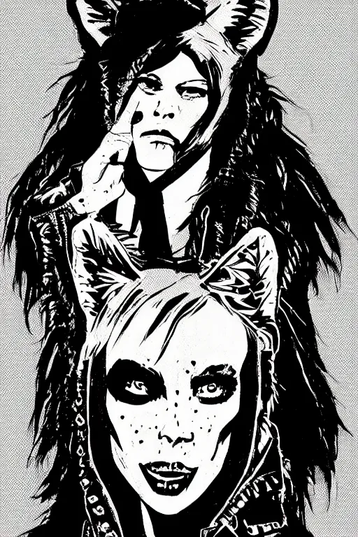 Image similar to portrait of a punk girl wearing a leather jacket with a wolf's head over her face, artwork by boneface