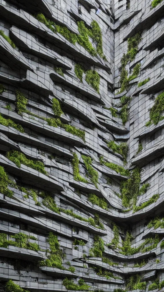 Prompt: photo in style of andreas gursky and piranesi. biopunk timber futuristic building in a urban setting. hyper realistic. cloudy morning. mossy buildings have deep tall balconies with plants, trees, and many men and women in bright clothing. thin random columns, large windows, deep overhangs. greeble. 8 k, volumetric lighting.