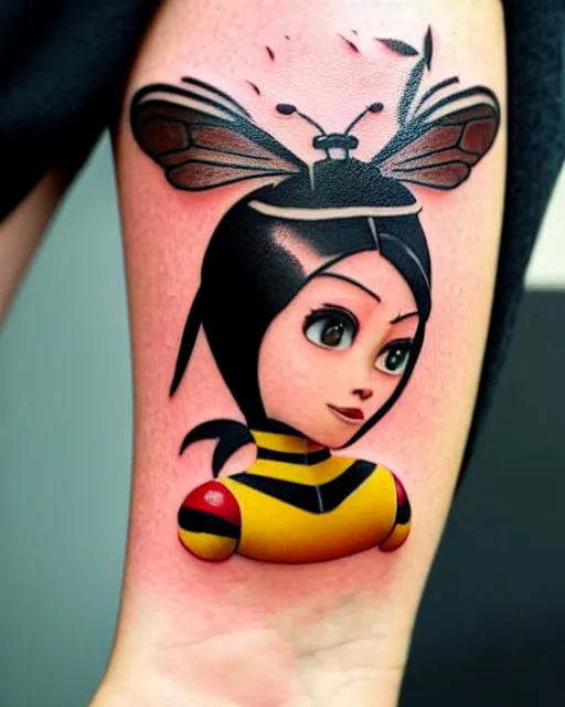 Image similar to a tattoo of bee movie on the face of a woman with crimson - black hair, cute crimson - black bee - themed outfit, cinematic lighting, beautiful composition