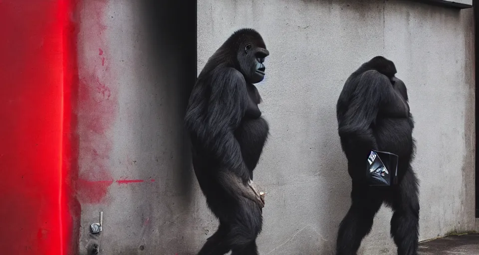 Image similar to gorilla wearing a red akira jacket, walking down a blade runner street, looking suspicious, by ash thorp