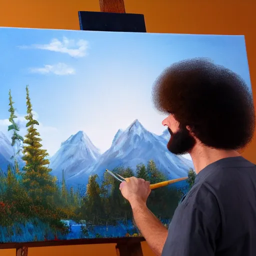 Image similar to a closeup photorealistic photograph of bob ross working on a canvas painting of mickey mouse. film still. brightly lit scene. mountains and trees. this 4 k hd image is trending on artstation, featured on behance, well - rendered, extra crisp, features intricate detail, epic composition and the style of unreal engine.