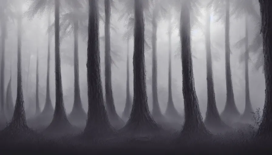 Image similar to a dark foggy forest, a very tall faceless monster standing amongst the trees, concept art, illustration, dark fantasy, high detail, trending on artstation