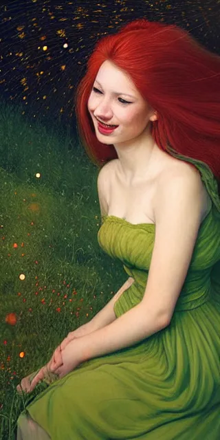 Image similar to infp young woman, smiling, amazed by golden fireflies lights, sitting in the midst of nature fully covered, long loose red hair, intricate linework, green eyes, small nose with freckles, oval shape face, realistic, expressive emotions, dramatic lights, hyper realistic ultrafine art by artemisia gentileschi, albert bierstadt, artgerm