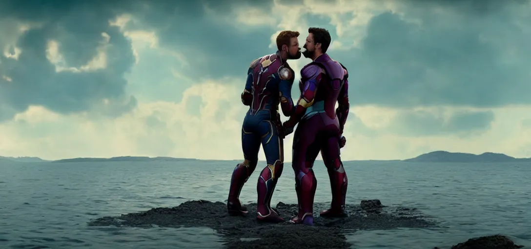 Image similar to a very high resolution image from a new movie. thanos kissing tony stark on a lake, photorealistic, photography, directed by wes anderson