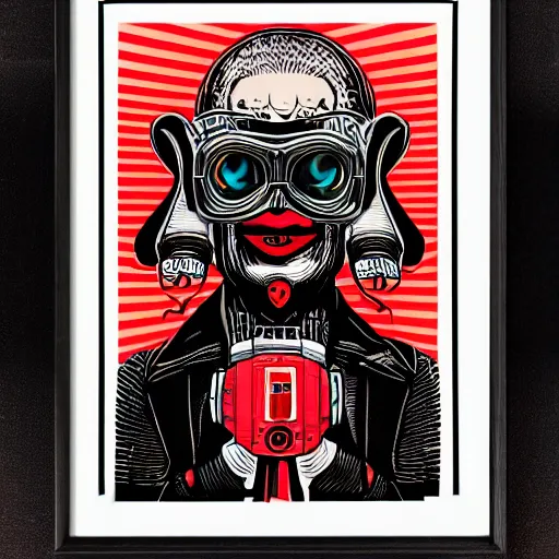 Image similar to Illustrated by Shepard Fairey and H.R. Geiger | Cyberpunk Clown Vampire with VR helmet, surrounded by cables