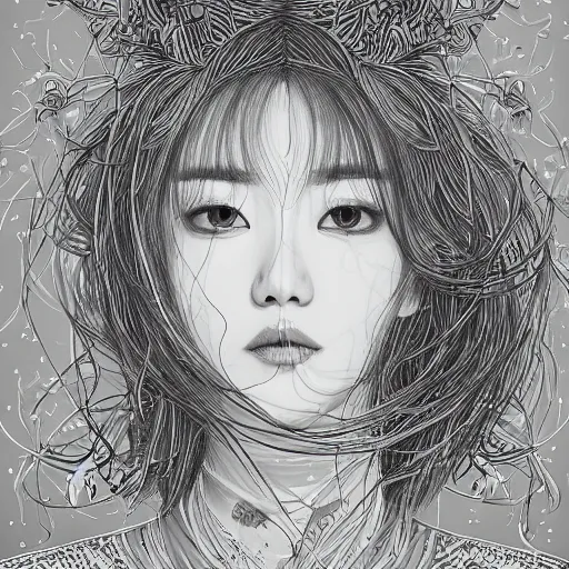 Image similar to the portrait of an absurdly beautiful, graceful, elegant, and sophisticated young kpop idol made of bulbs of garlic, an ultrafine detailed illustration by james jean, intricate linework, bright colors, final fantasy, behance contest winner, vanitas, angular, altermodern, unreal engine 5 highly rendered, global illumination, radiant light, detailed and intricate environment