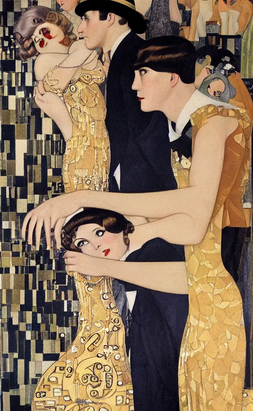 Prompt: an oil painting of jazz age high society life, 1920s style, dressed in 1920s fashion, smooth, highly detailed, high contrast, by Klimt, Coles Phillips, Dean Cornwell, JC Leyendecker, 8K