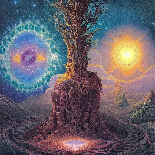 Prompt: a cosmic convergence within an astral apocalypse, by Ferdinand Knab and by Dan Mumford, glossy magazine art from the 1980s