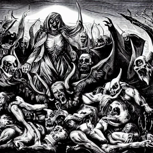 Image similar to an epic scene of blasphemy and abominations, black and white, demons, skulls, death, corpse, devils, unholy,