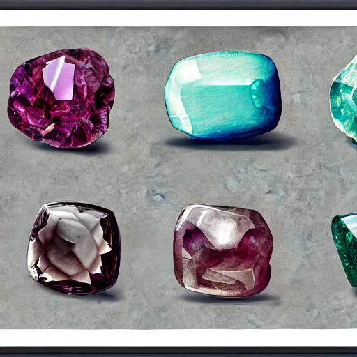 Prompt: full page antique lithograph of gemstones minerals, White background, art print, clean brush stroke, realistic highly detailed, 8k post-processing highly detailed, rendered by octane engine, esty,