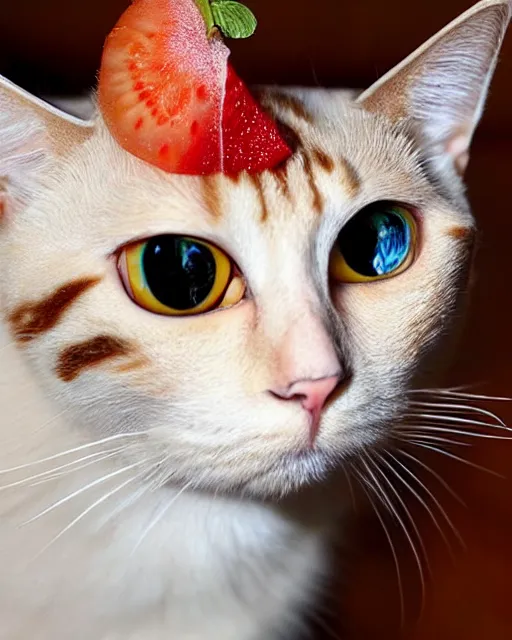 Prompt: a stunningly beautiful cat princess with googly eyes wearing fruit