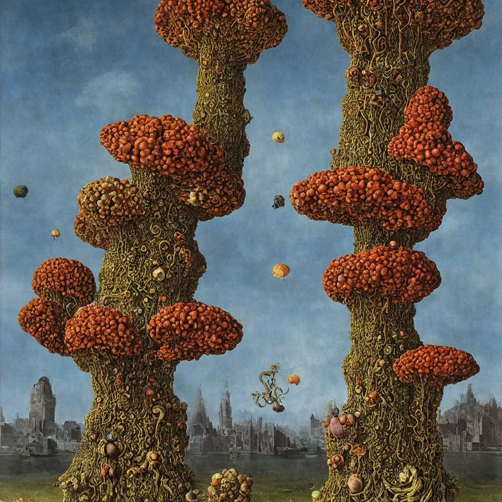 Image similar to a single colorful! ( lovecraftian ) fungus tower white! clear empty sky, a high contrast!! ultradetailed photorealistic painting by jan van eyck, audubon, rene magritte, agnes pelton, max ernst, walton ford, andreas achenbach, ernst haeckel, hard lighting, masterpiece