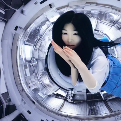 Prompt: a korean woman with long black hair and grey / black futuristic metallic clothing floating in zero - gravity in a spaceship with a white and blue futuristic interior. orange lighting, kodak film grain, expired film