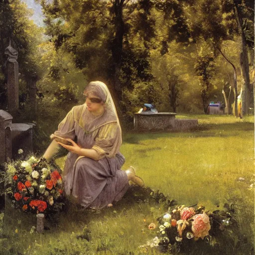 Prompt: artwork painting of a lush environment, a woman is laying flowers by a grave tombstone by eugene von guerard, ivan shishkin, john singer sargent