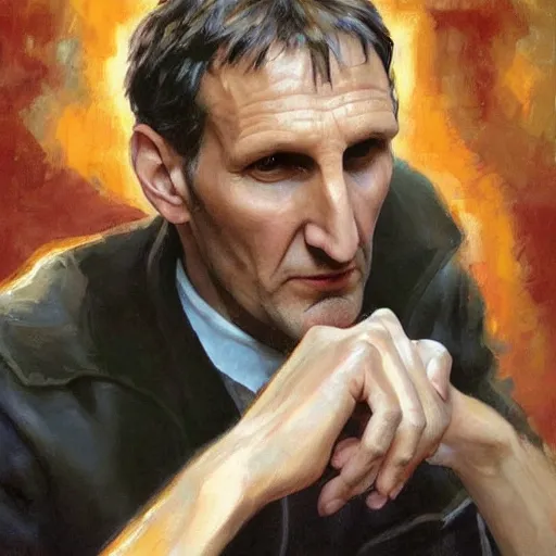 Image similar to a highly detailed beautiful portrait of christopher eccleston doctor who by gregory manchess, james gurney, james jean