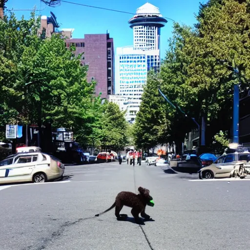 Image similar to yoshi walking down the streets of seattle, sunlight, sunny day, full shot