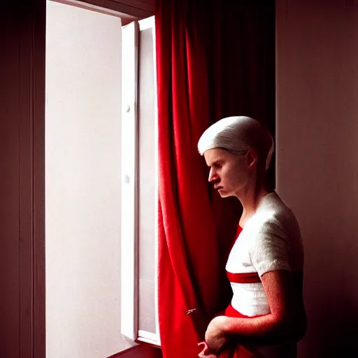 Image similar to woman wearing white and red looking outside the window in her bedroom at night, elegant, highly detailed, 8 k, photorealistic, photography, real picture, heavy grain, studio lighting, hdr, photographed by steve mccurry, annie leibovitz, henri cartier - bresson, robert capa, andreas gursky