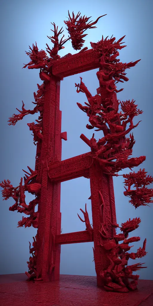 Image similar to 3 d render of a carved red torii gate infected by mushroom, sculpture, chrometype, neotribal with thorns and thunders, raytraced, volumetric lightning, 8 k, by zhelong xu, ouchh and and innate studio